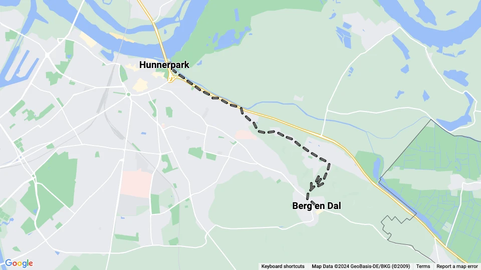 Nijmegen tram line 2: Berg en Dal - Hunnerpark route map