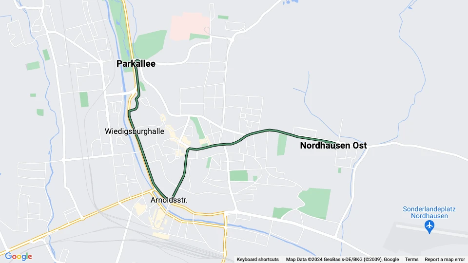 Nordhausen tram line 2: Parkallee - Nordhausen Ost route map