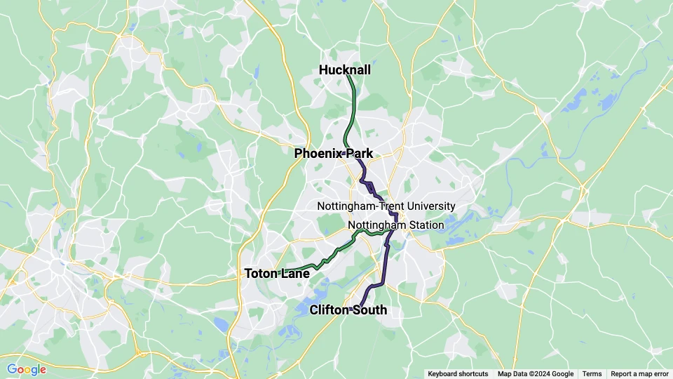 Nottingham Express Transit (NET) route map