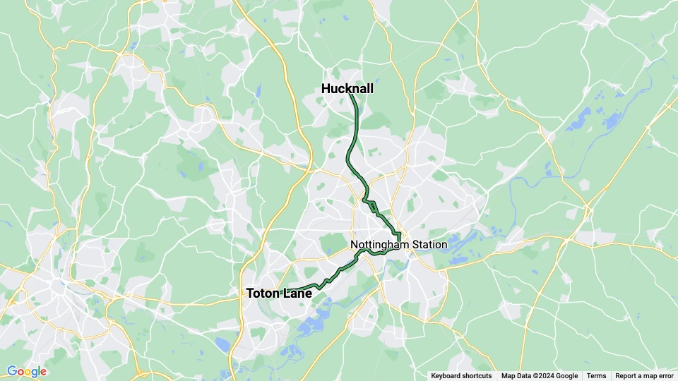 Nottingham tram line Green: Hucknall - Toton Lane route map