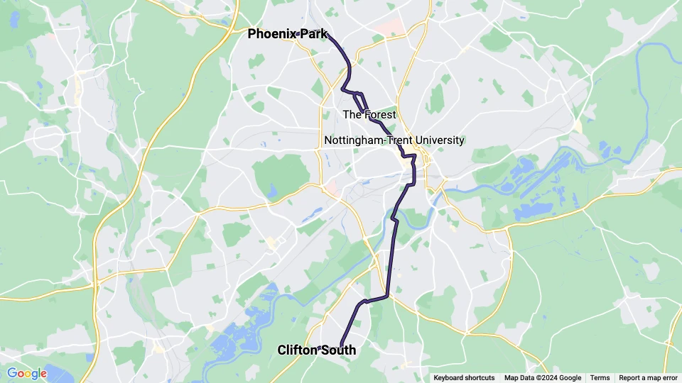 Nottingham tram line Purple: Clifton South - Phoenix Park route map