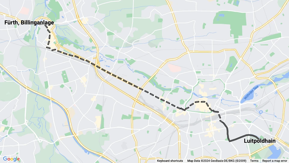 Nuremberg tram line 1: Luitpoldhain - Fürth, Billinganlage route map