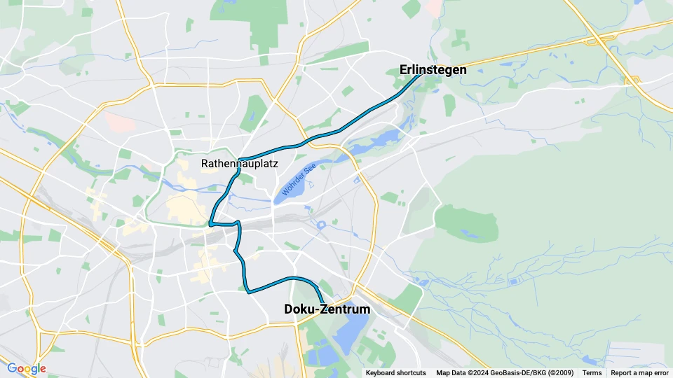 Nuremberg tram line 8: Doku-Zentrum - Erlinstegen route map