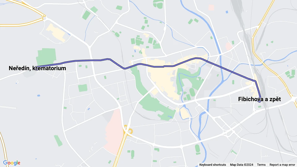 Olomouc tram line 2: Fibichova a zpět - Neředín, krematorium route map