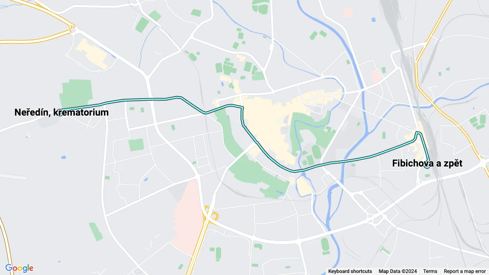 Olomouc tram line 7: Fibichova a zpět - Neředín, krematorium route map