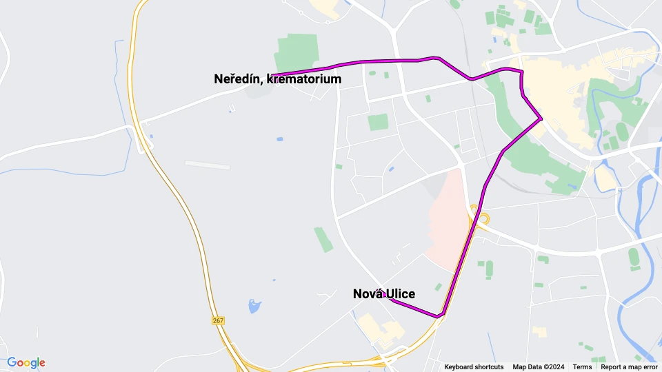 Olomouc tram line U: Nová Ulice - Neředín, krematorium route map