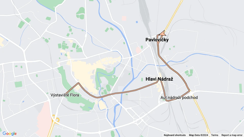 Olomouc tram line X4: Pavlovičky - Výstaviště Flora route map