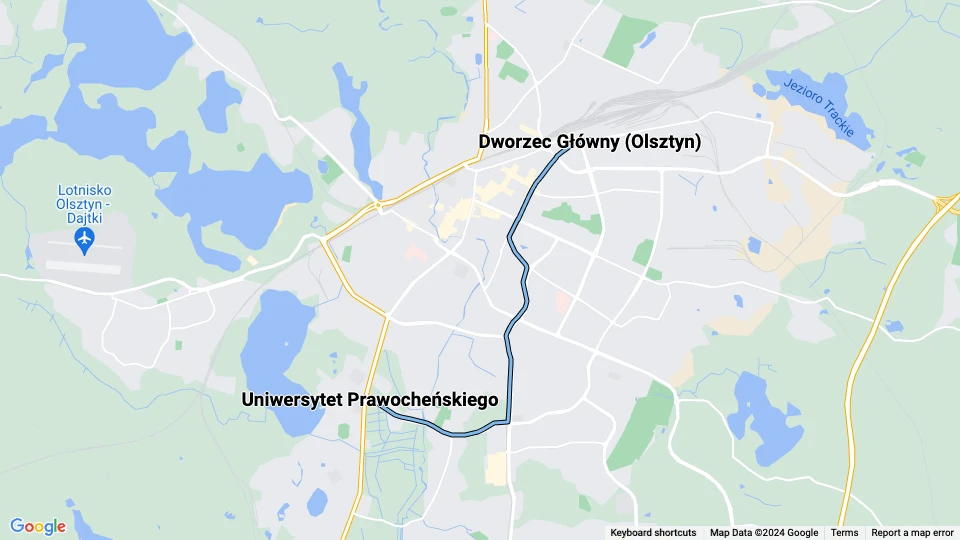 Olsztyn tram line 3: Dworzec Główny (Olsztyn) - Uniwersytet Prawocheńskiego route map