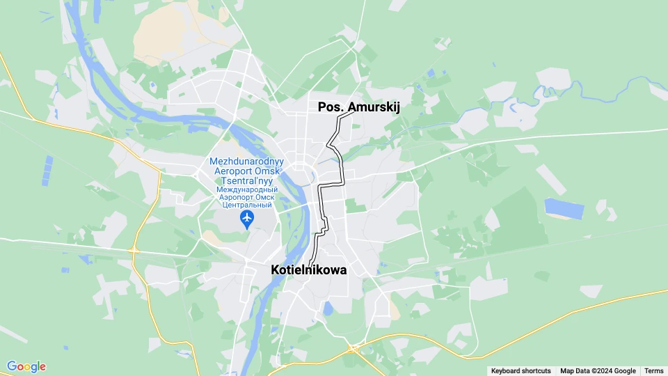 Omsk tram line 4: Kotielnikowa - Pos. Amurskij route map