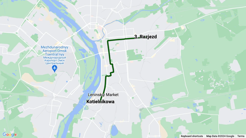 Omsk tram line 9: Kotielnikowa - 3. Razjezd route map