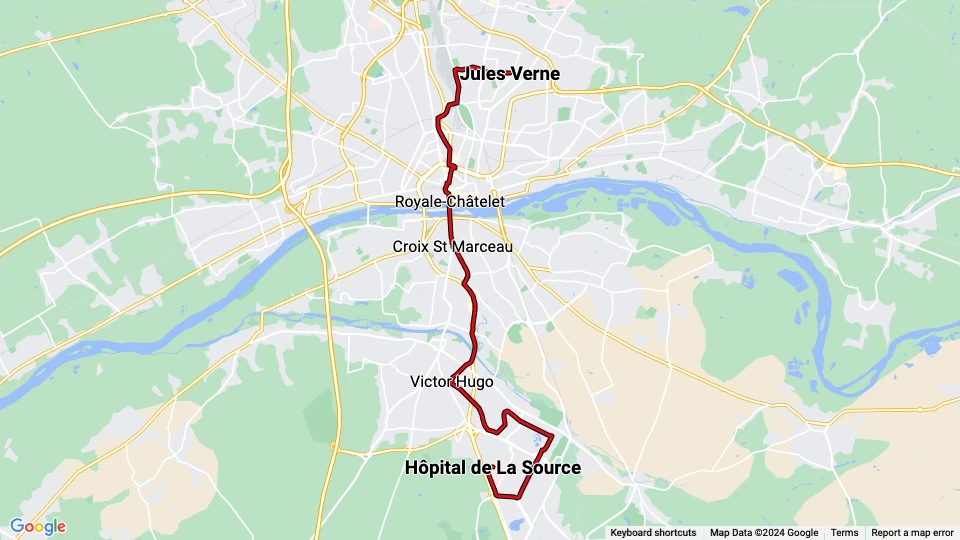 Orléans tram line A: Jules Verne - Hôpital de La Source route map