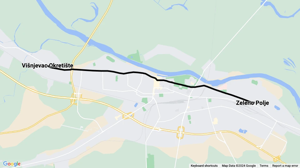 Osijek tram line 1: Višnjevac Okretište - Zeleno Polje route map
