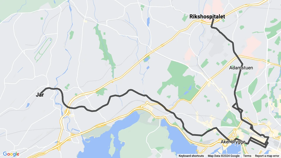 Oslo tram line 10: Rikshospitalet - Jar route map
