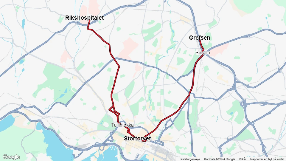 Oslo tram line 17: Grefsen - Rikshospitalet route map