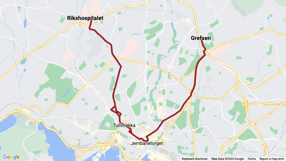 Oslo tram line 17: Grefsen stasjon - Rikshospitalet route map