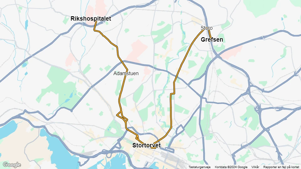 Oslo tram line 18: Grefsen - Rikshospitalet route map