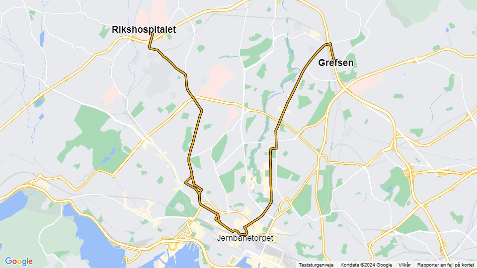 Oslo tram line 18: Grefsen stasjon - Rikshospitalet route map