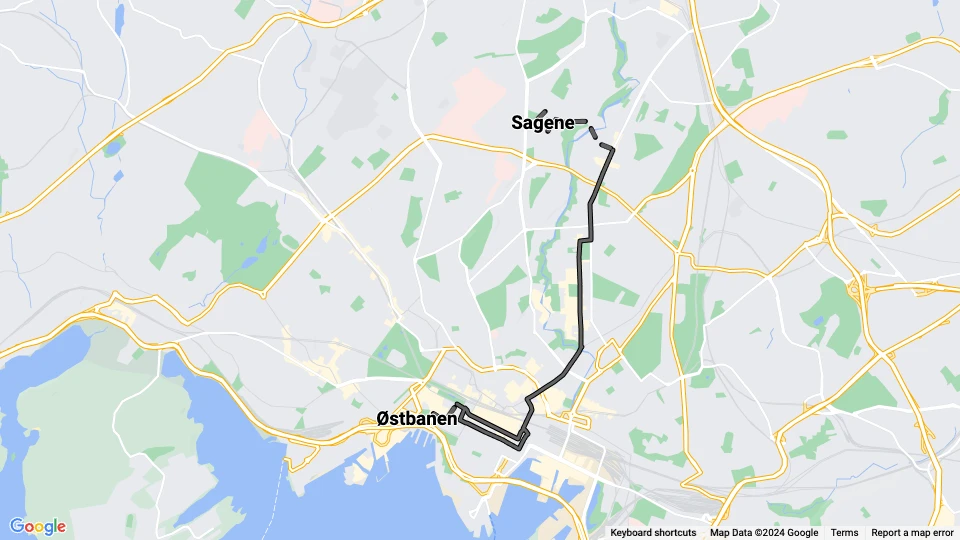 Oslo tram line 5: Sagene - Østbanen route map