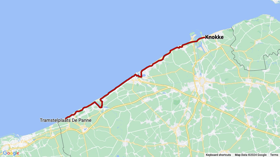 Ostend museum line TTO: Knokke - Tramstelplaats De Panne route map
