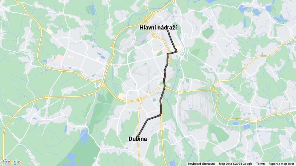 Ostrava tram line 1: Hlavní nádraží - Dubina route map
