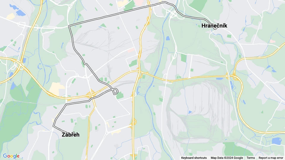Ostrava tram line 13: Zábřeh - Hranečník route map