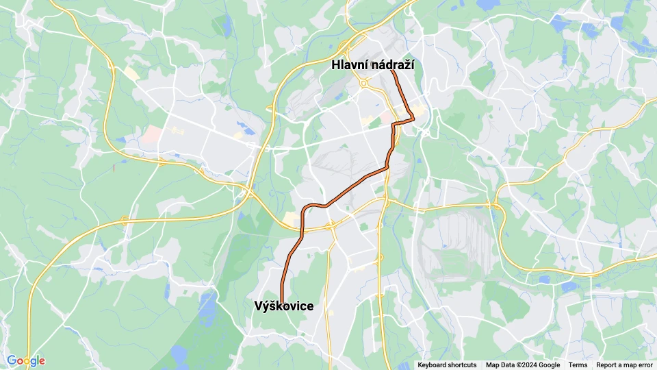 Ostrava tram line 2: Hlavní nádraží - Výškovice route map