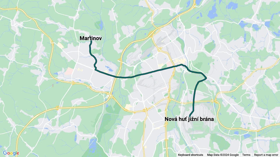 Ostrava tram line 4: Nová huť jižní brána - Martinov route map