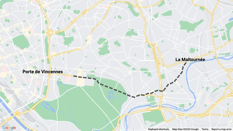 Paris tram line 114: La Maltournée - Porte de Vincennes route map