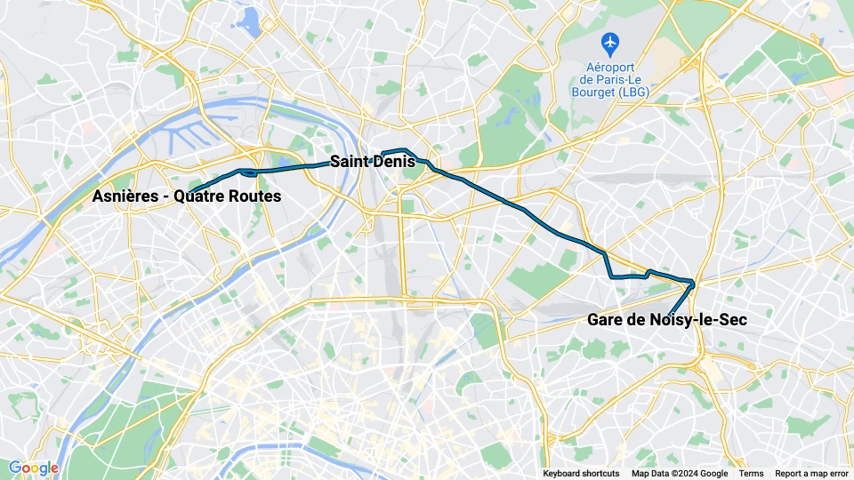 Paris tram line T1: Gare de Noisy-le-Sec - Asnières - Quatre Routes route map
