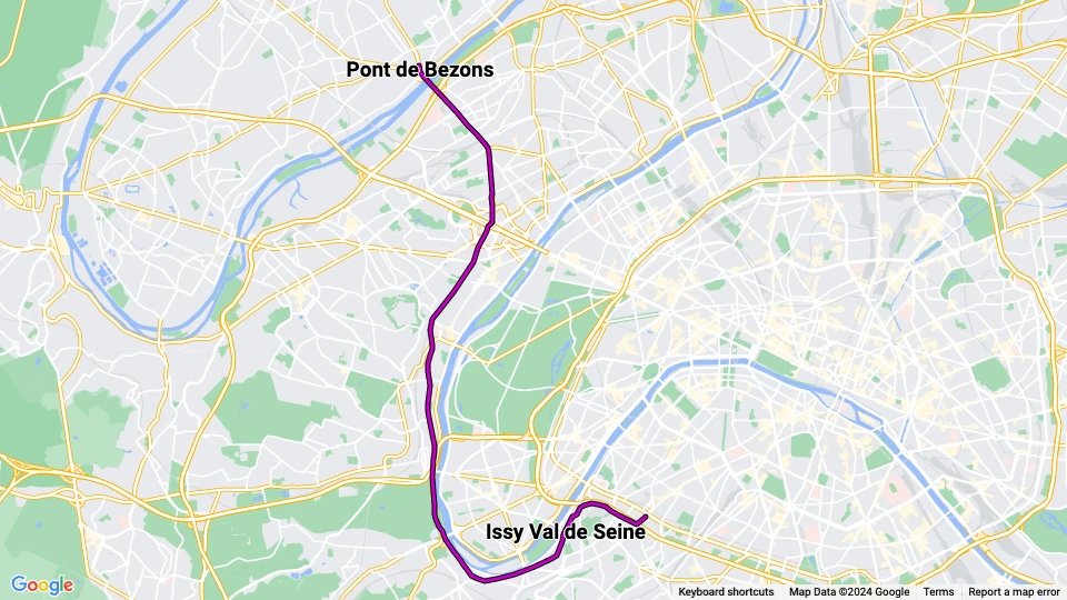 Paris tram line T2: Pont de Bezons - Porte de Versailles route map