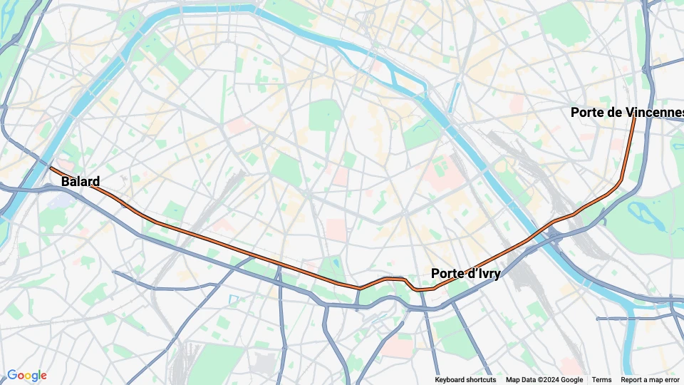 Paris tram line T3a: Pont Garigliano - Porte de Vincennes route map