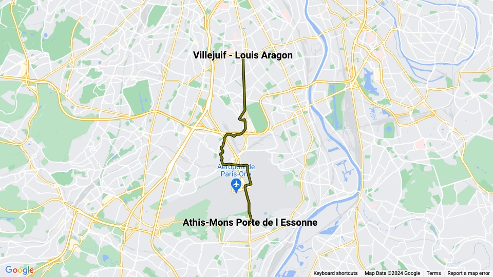 Paris tram line T7: Villejuif - Louis Aragon - Athis-Mons Porte de l’Essonne route map