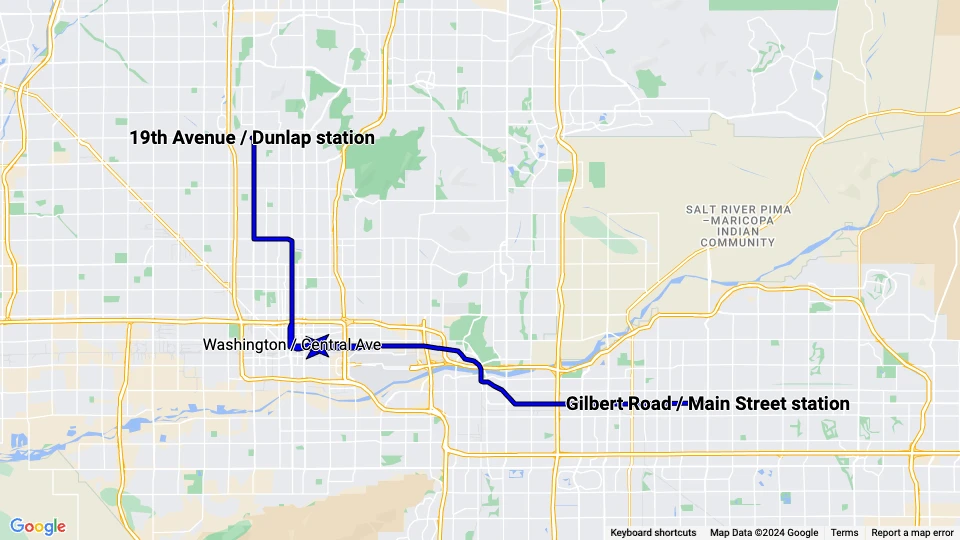 Phoenix Valley Metro Rail: 19th Avenue / Dunlap station - Gilbert Road / Main Street station route map