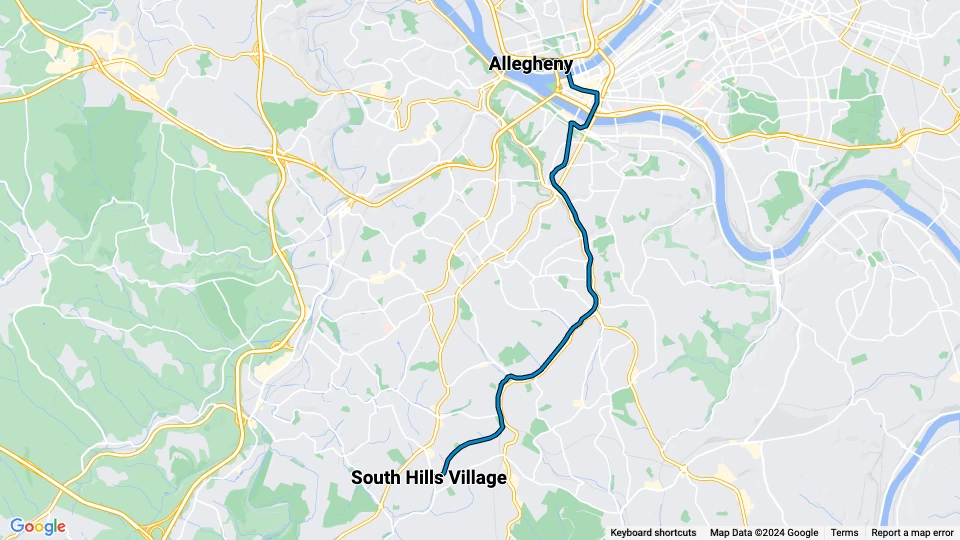 Pittsburgh tram line Blue: Allegheny - South Hills Village route map