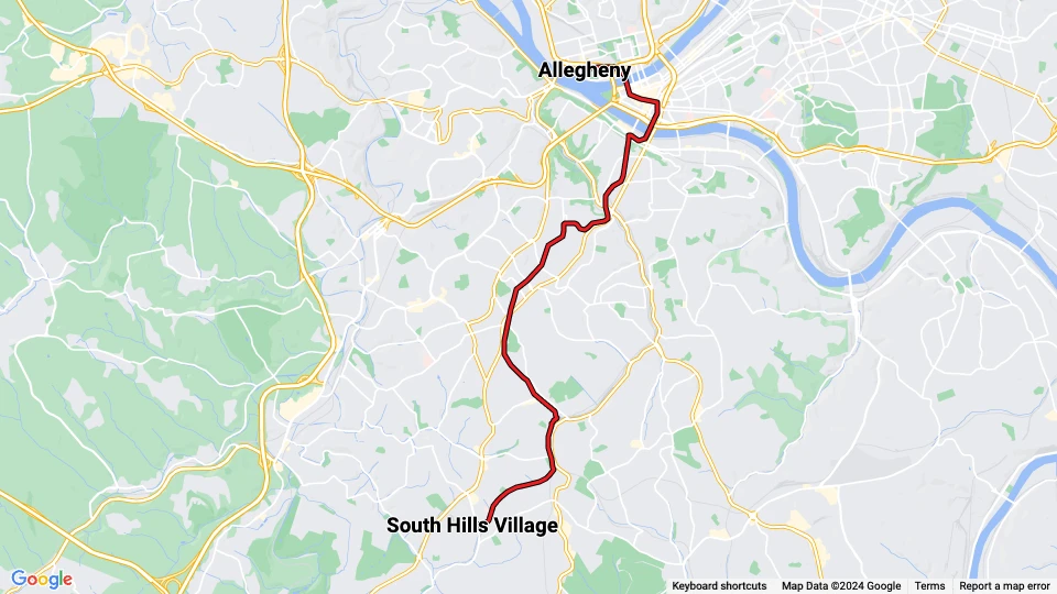Pittsburgh tram line Red: Allegheny - South Hills Village route map