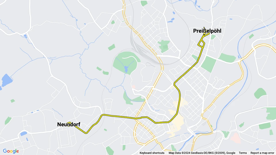 Plauen tram line 1: Neundorf - Preißelpöhl route map