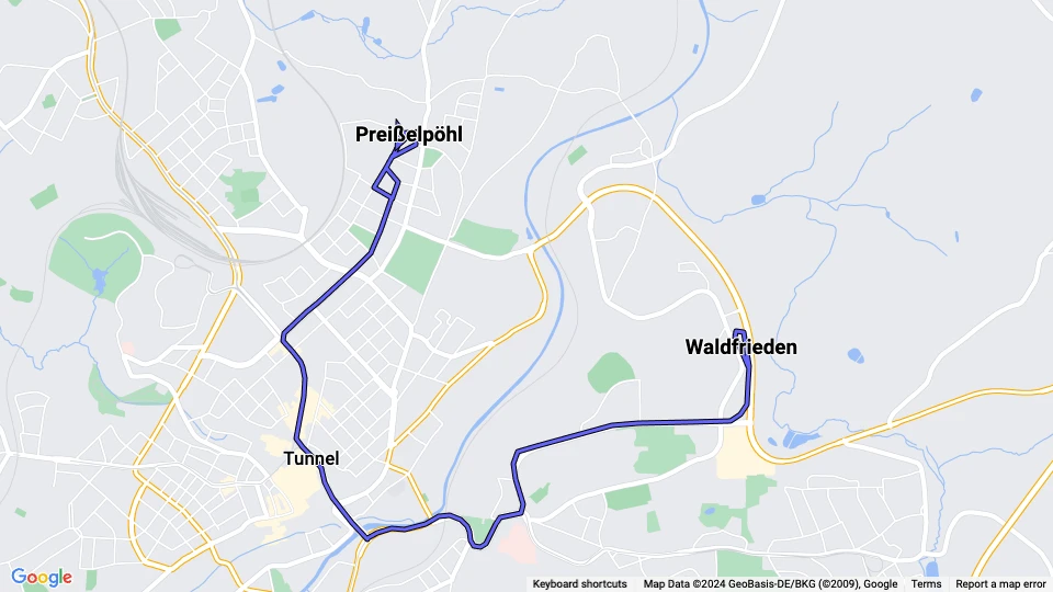 Plauen tram line 2: Preißelpöhl - Waldfrieden route map