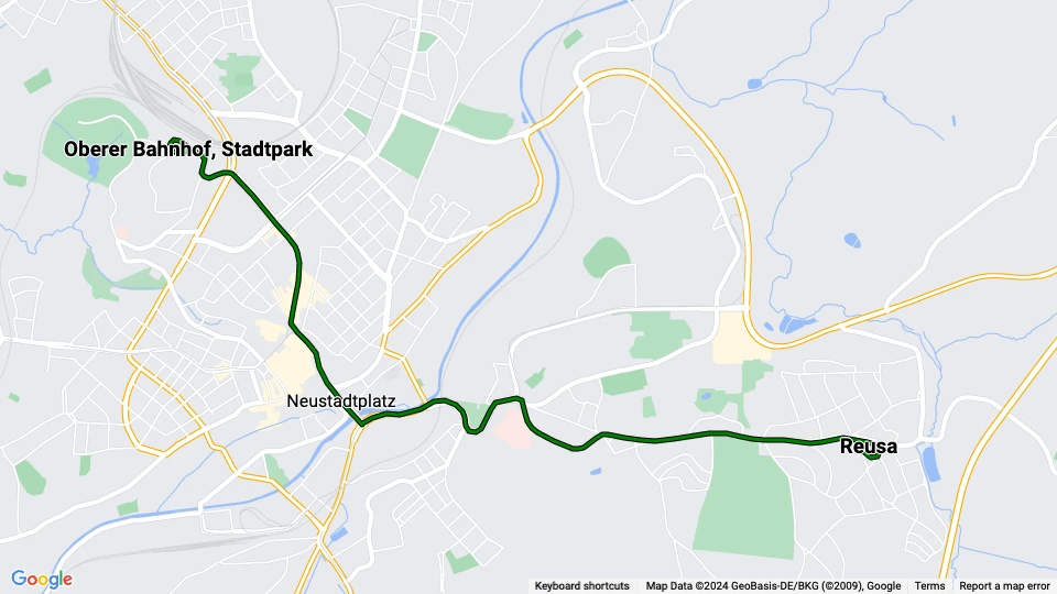 Plauen tram line 4: Oberer Bahnhof, Stadtpark - Reusa route map