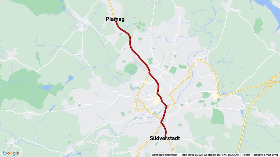 Plauen tram line 5: Plamag - Südvorstadt route map