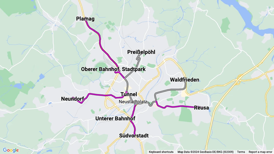 Plauener Straßenbahn (PSB) route map