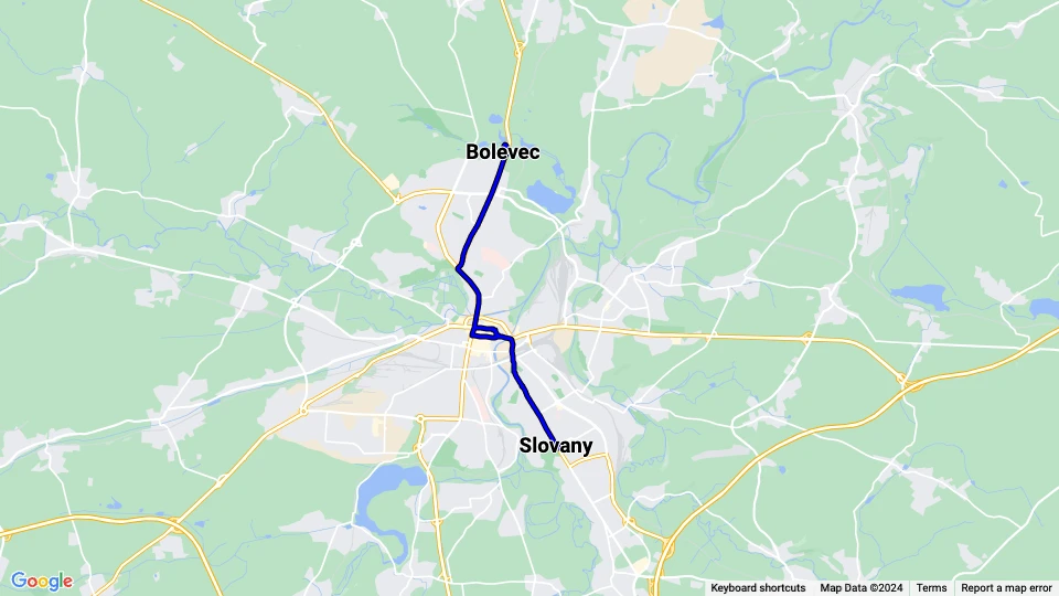 Plzeň tram line 1: Bolevec - Slovany route map