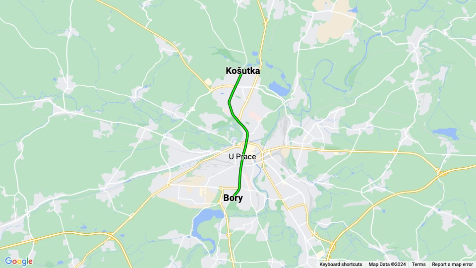 Plzeň tram line 4: Košutka - Bory route map