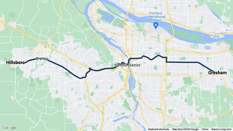 Portland regional line Blue: Gresham - Hillsboro route map