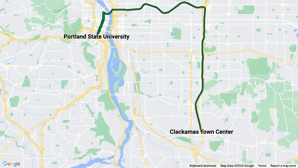 Portland regional line Green: Clackamas Town Center - Portland State University route map