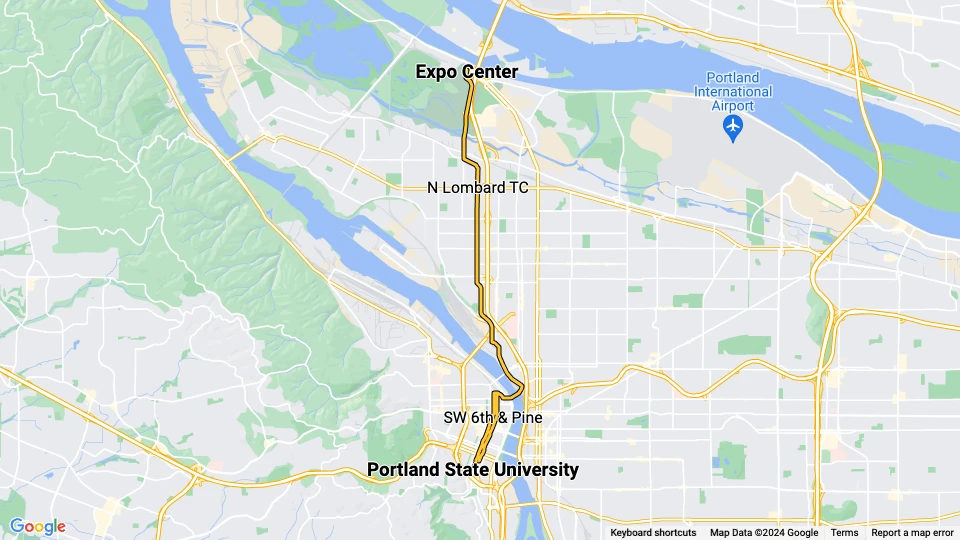 Portland regional line Yellow: Portland State University - Expo Center route map