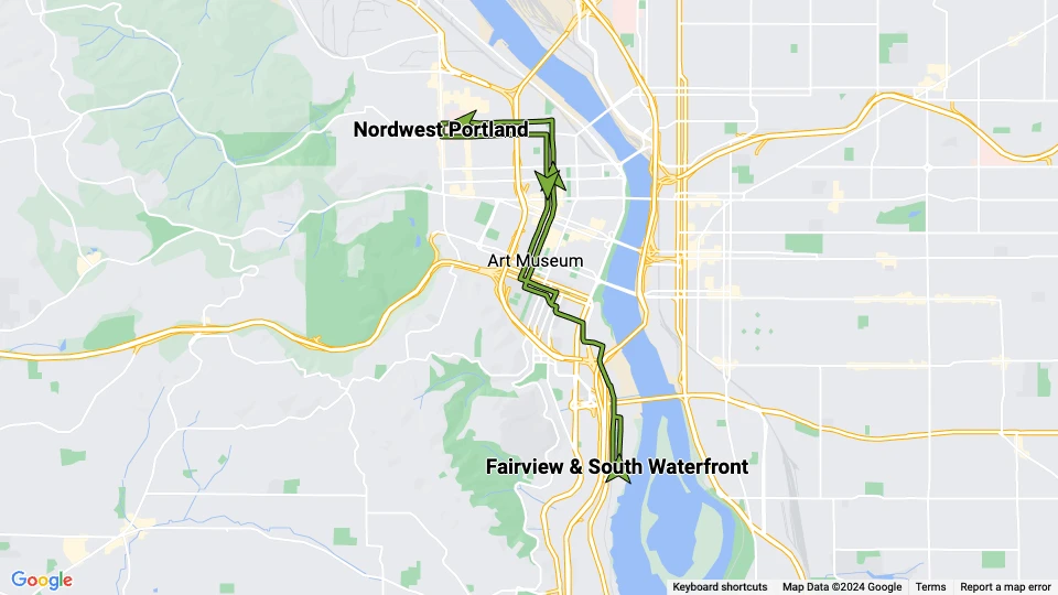 Portland tram line NS: Nordwest Portland - Fairview & South Waterfront route map