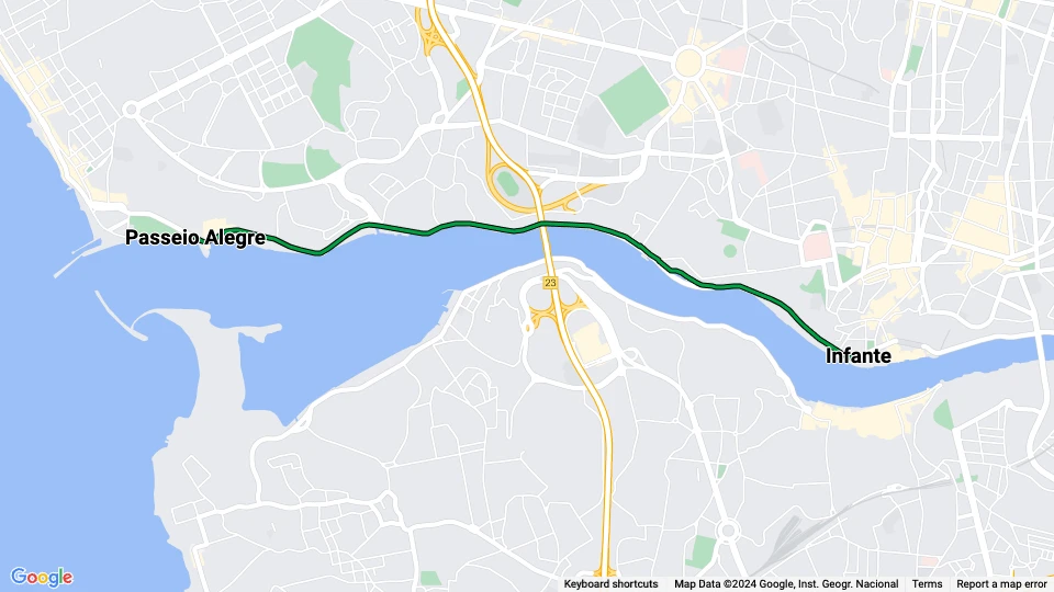 Porto tram line 1: Infante - Passeio Alegre route map