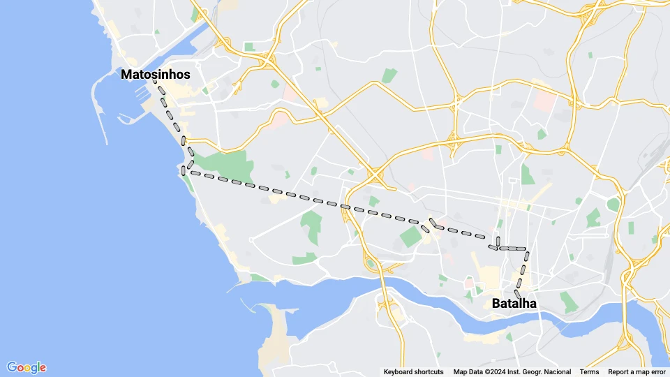 Porto tram line 16: Batalha - Matosinhos route map