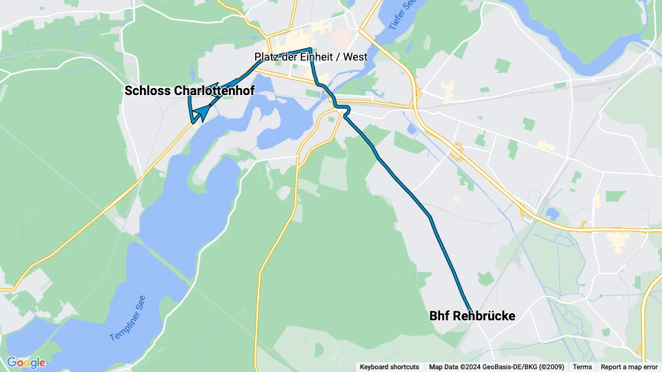 Potsdam extra line 98: Schloss Charlottenhof - Bhf Rehbrücke route map