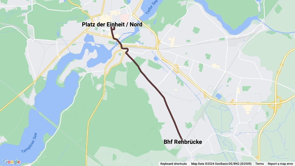 Potsdam tram line 90: Bhf Rehbrücke - Platz der Einheit / Nord route map